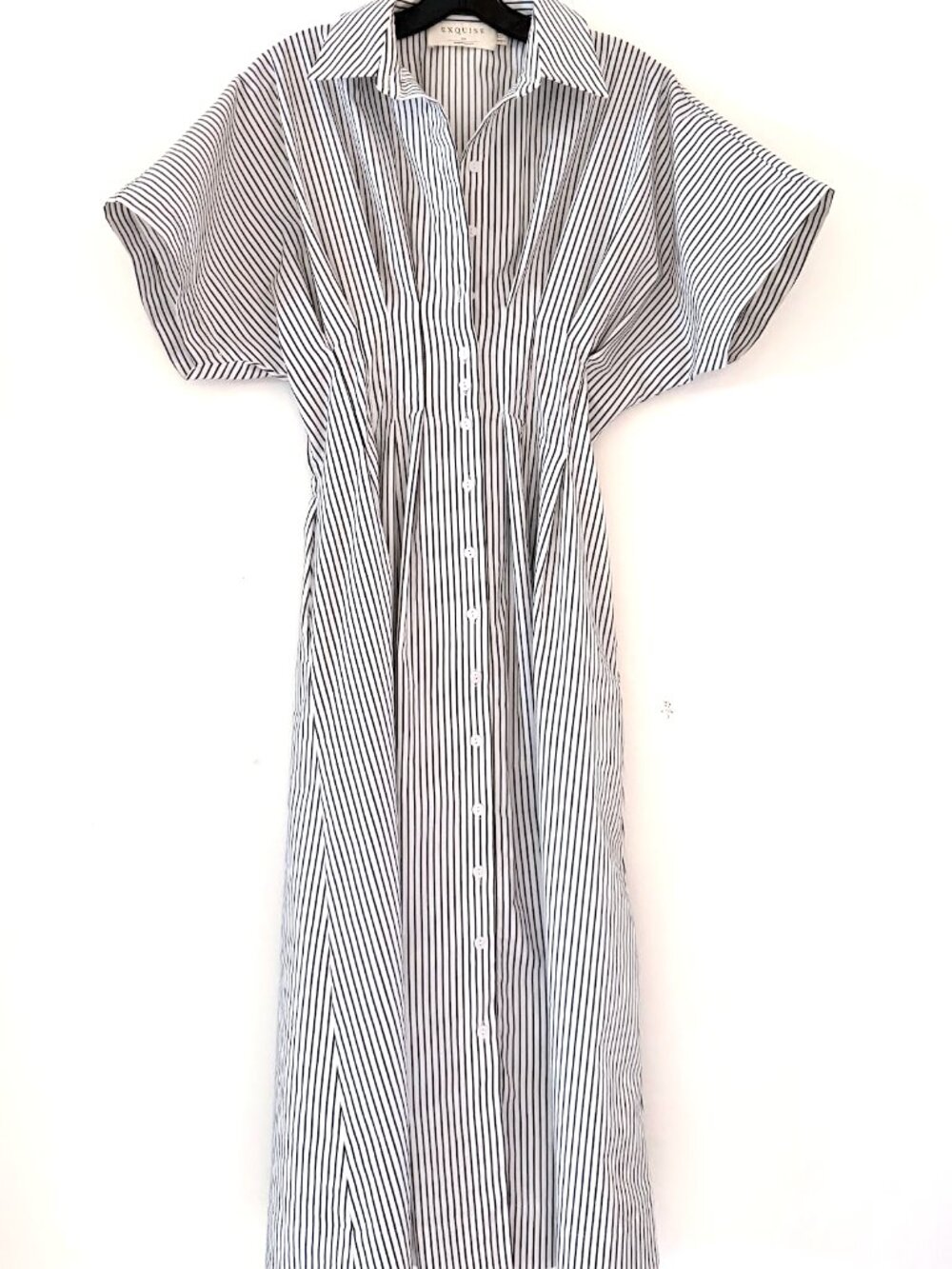 Anthropologie Tobie Black & White Striped Pleated Midi Shirt Dress, Size PS